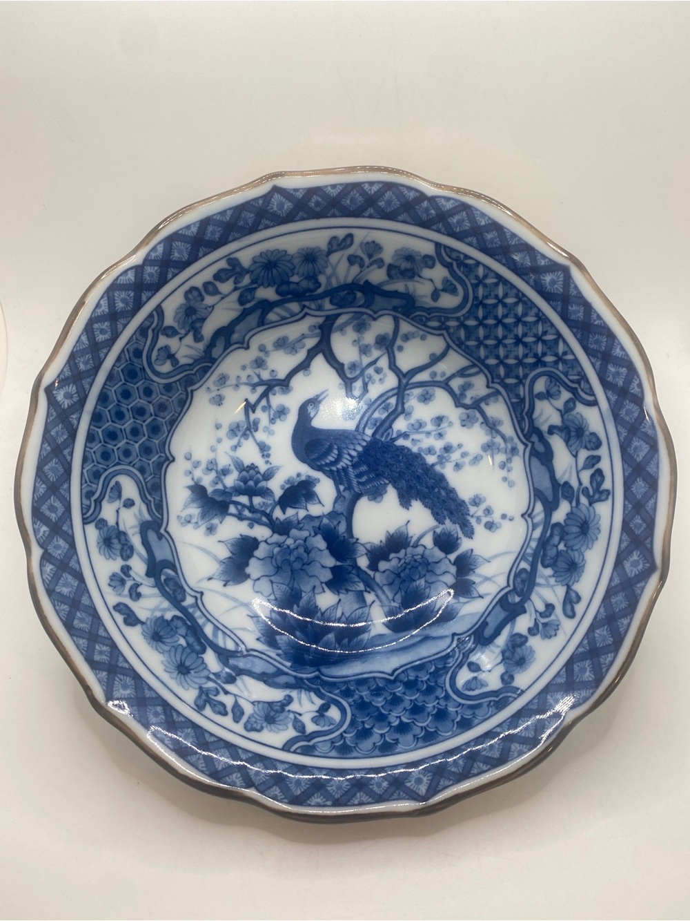 Andrea by Sadek Vintage Blue and White Peacock Design  7 1/2” Bowl